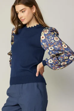Current Air Long Sleeve Tops | Sweaters-Floral Contrast Sweater Top NAVYFLORAL