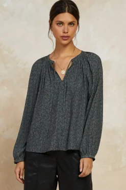 Current Air Long Sleeve Tops-Floral Jacquard Split Neck Top DARKOLIVE