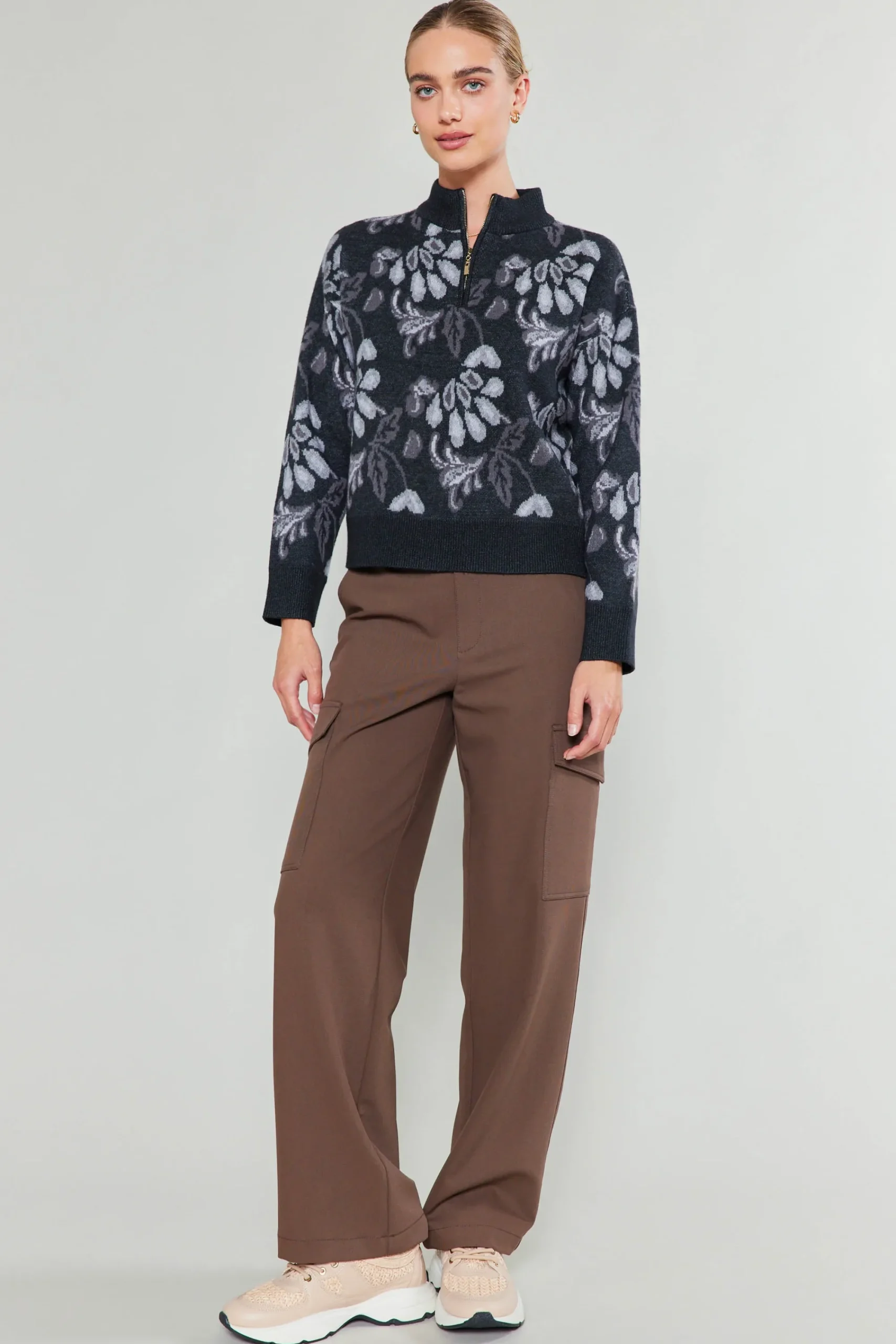 Current Air Knitwear | Sweaters-Floral Jacquard Sweater BLACKMLT