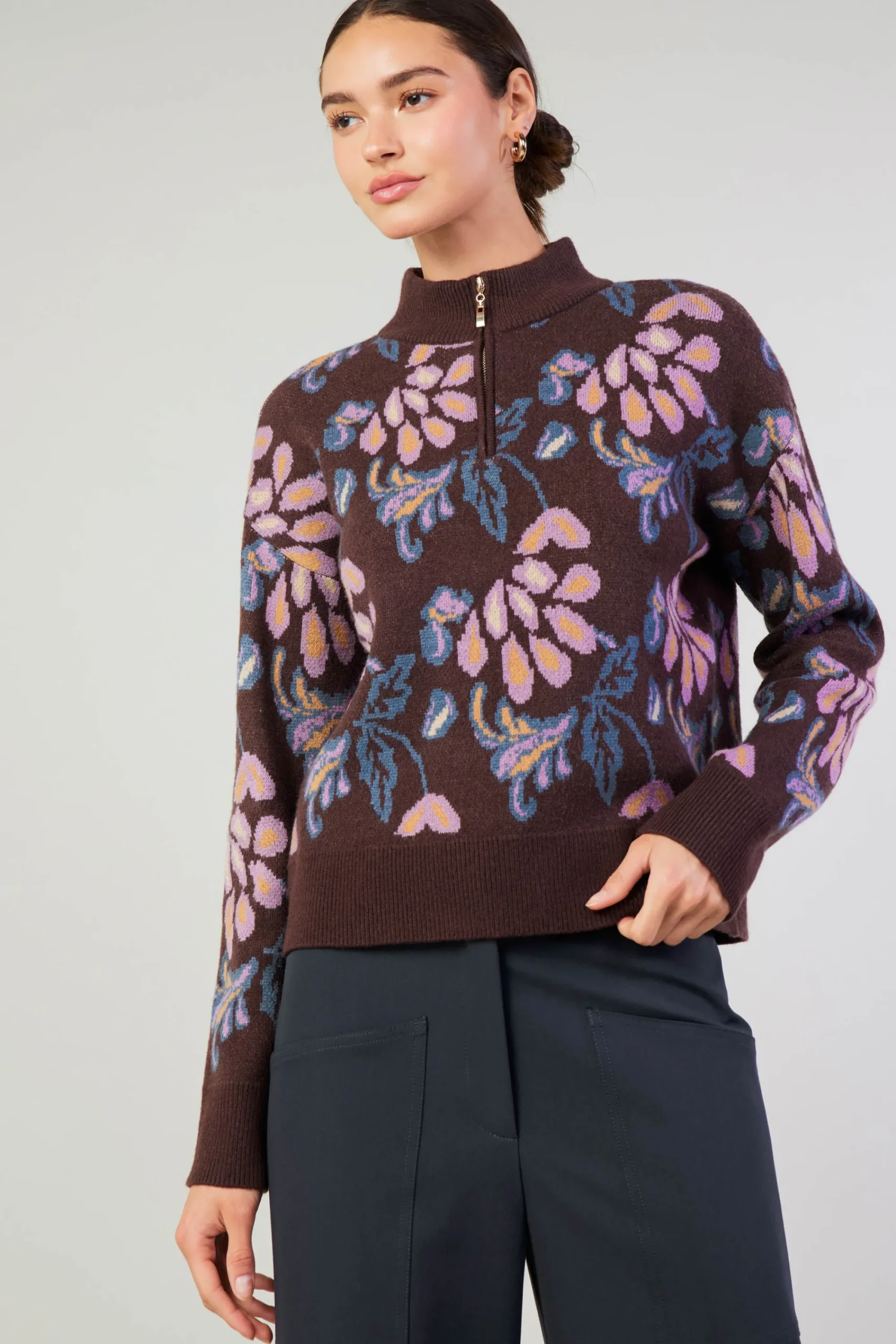 Current Air Knitwear | Sweaters-Floral Jacquard Zip Sweater BROWNMLT