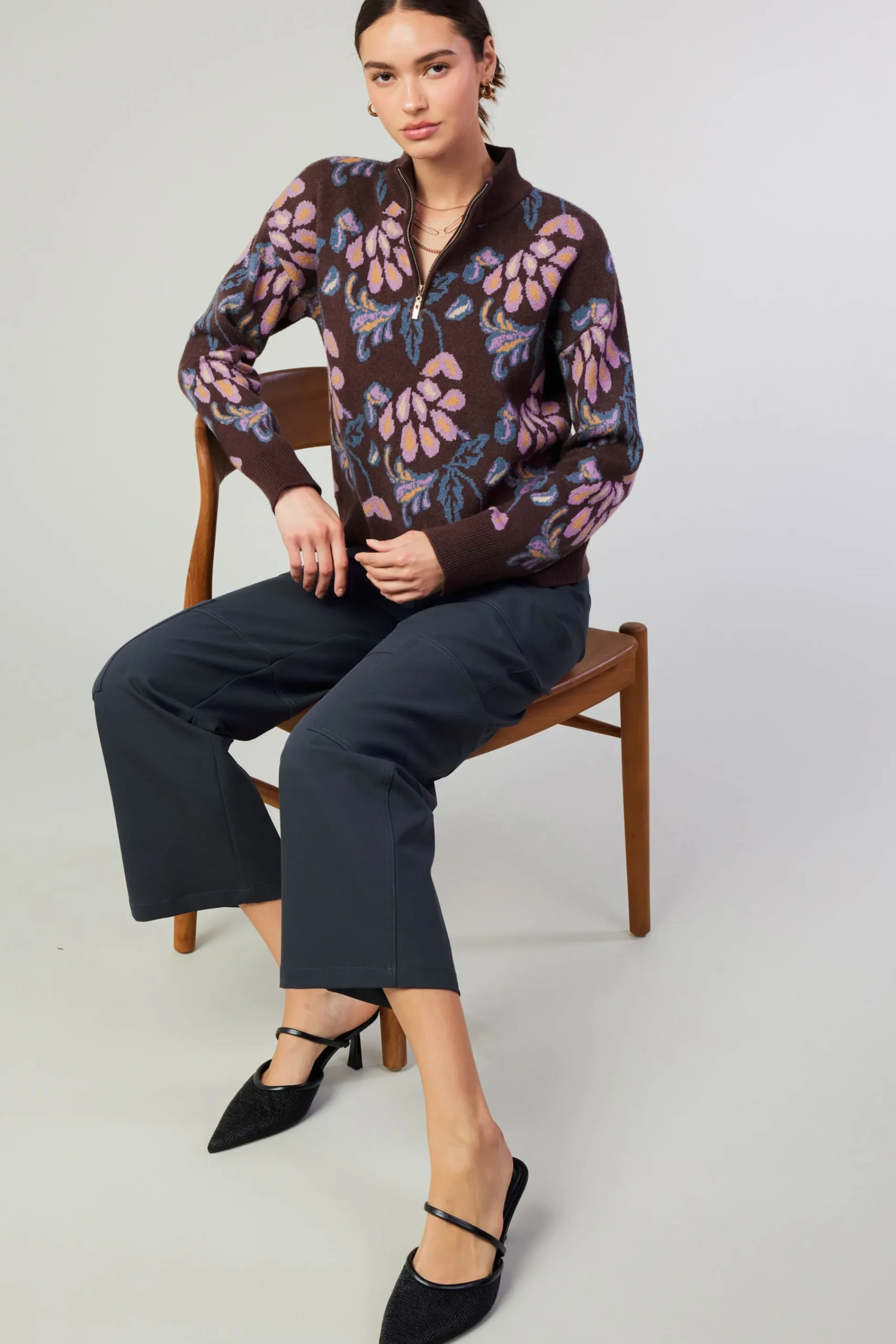 Current Air Knitwear | Sweaters-Floral Jacquard Zip Sweater BROWNMLT