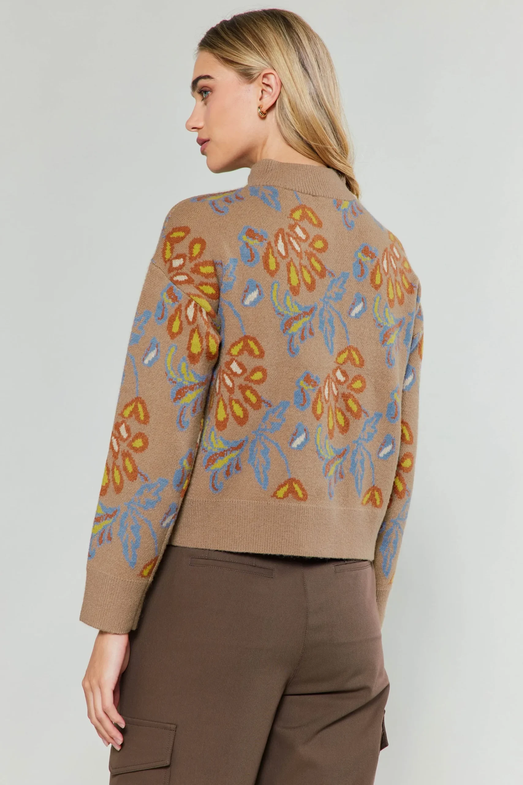 Current Air Knitwear | Sweaters-Floral Jacquard Zip Sweater TAUPEMULTI