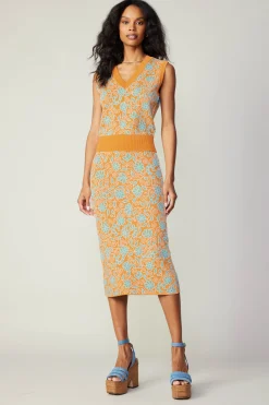 Current Air Knitwear | Skirts-Floral Knit Midi Skirt ORANGEMLT