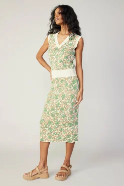 Current Air Knitwear-Floral Knit Midi Skirt GREENMLT
