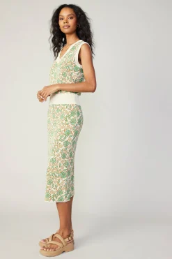 Current Air Knitwear-Floral Knit Midi Skirt GREENMLT