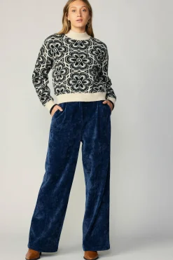 Current Air Sweaters-Floral Mock Neck Sweater BLACK