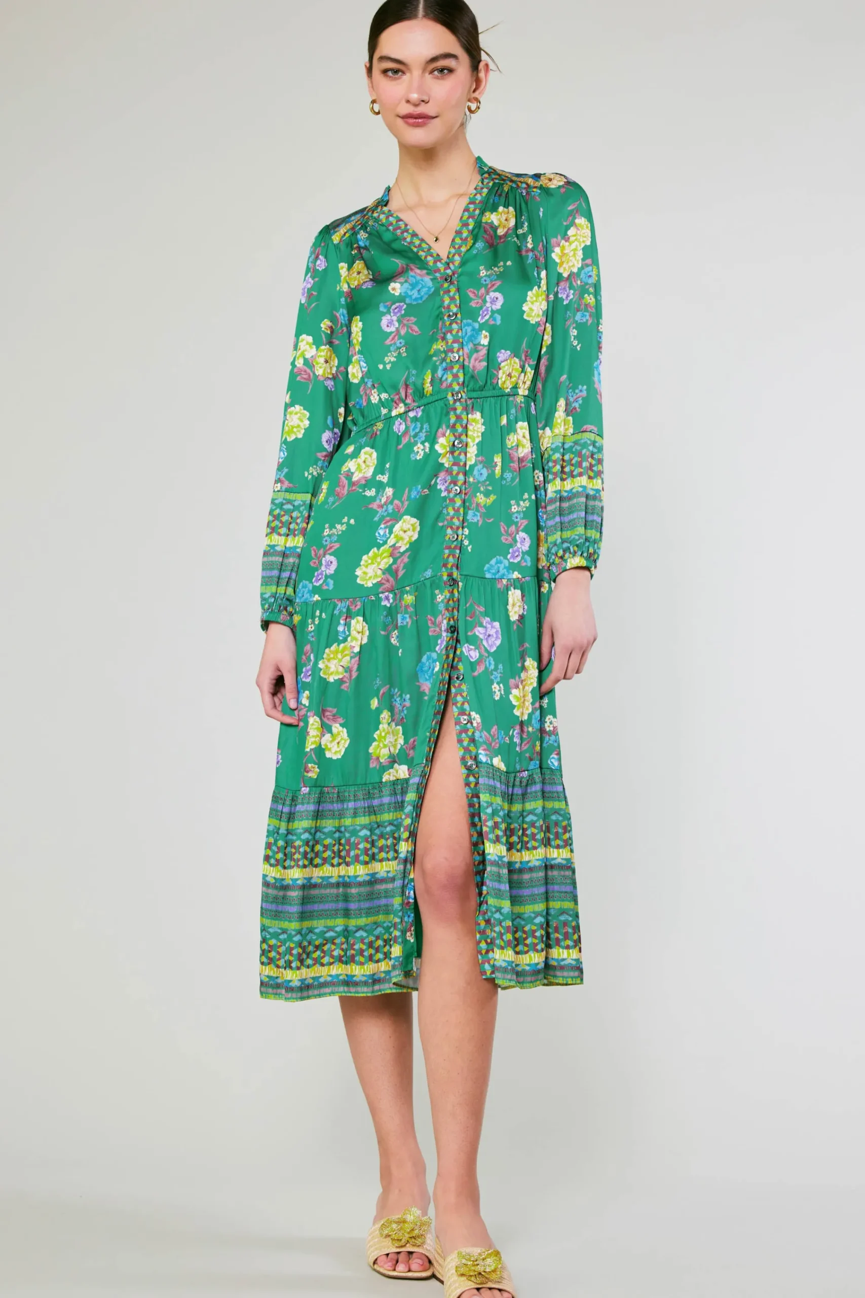 Current Air Midi Dresses-Floral Motif Buttondown Dress GREENFLORALMLT
