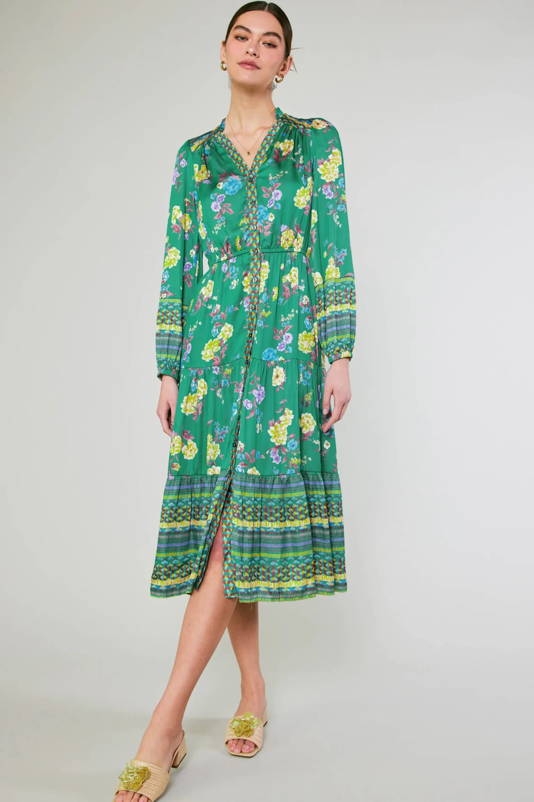 Current Air Midi Dresses-Floral Motif Buttondown Dress GREENFLORALMLT