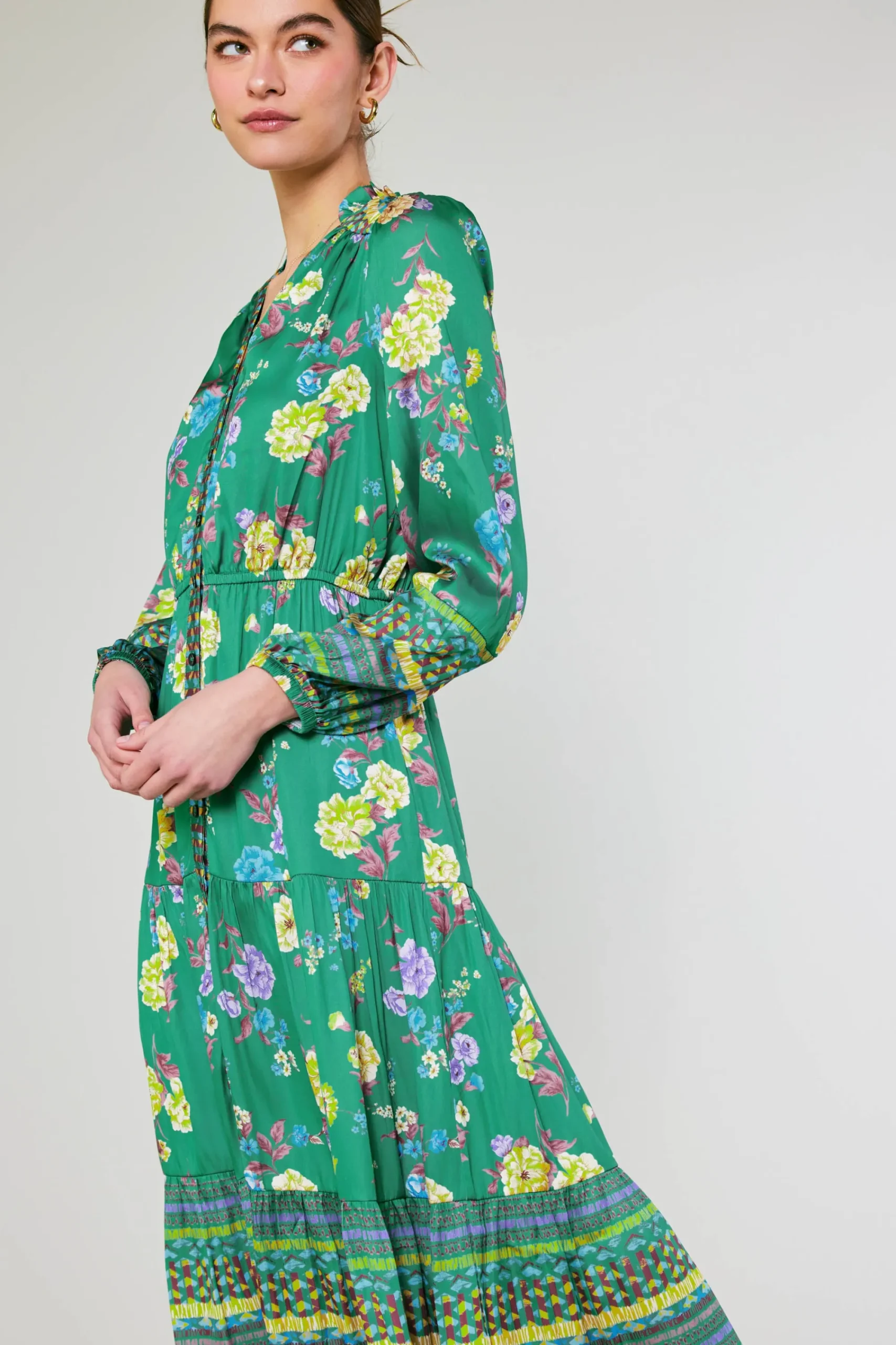Current Air Midi Dresses-Floral Motif Buttondown Dress GREENFLORALMLT