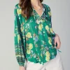 Current Air Long Sleeve Tops-Floral Motif Tieneck Blouse GREENFLORALMLT