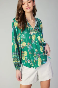 Current Air Long Sleeve Tops-Floral Motif Tieneck Blouse GREENFLORALMLT