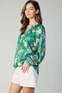 Current Air Long Sleeve Tops-Floral Motif Tieneck Blouse GREENFLORALMLT