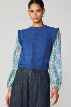 Current Air Sweaters-Floral Nouveau Contrast Top BLUE