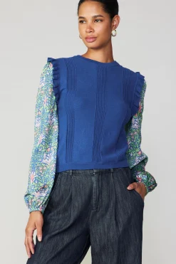 Current Air Sweaters-Floral Nouveau Contrast Top BLUE