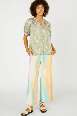Current Air Short Sleeve Tops-Floral Nouveau Split Neck Blouse GREENPINK