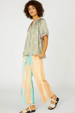 Current Air Short Sleeve Tops-Floral Nouveau Split Neck Blouse GREENPINK