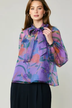 Current Air Long Sleeve Tops-Floral Organza Blouse PURPLE