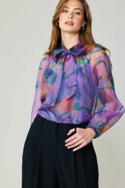 Current Air Long Sleeve Tops-Floral Organza Blouse PURPLE
