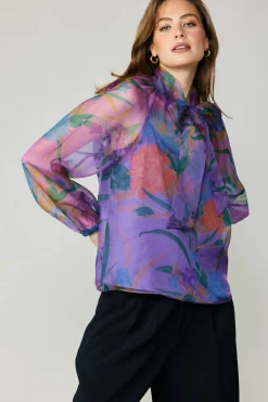 Current Air Long Sleeve Tops-Floral Organza Blouse PURPLE