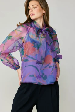 Current Air Long Sleeve Tops-Floral Organza Blouse PURPLE