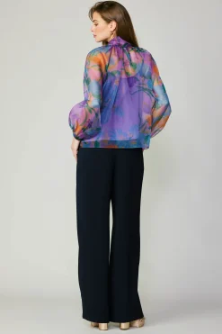 Current Air Long Sleeve Tops-Floral Organza Blouse PURPLE