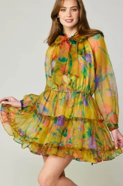 Current Air Mini Dresses-Floral Organza Mini Dress YELLOW