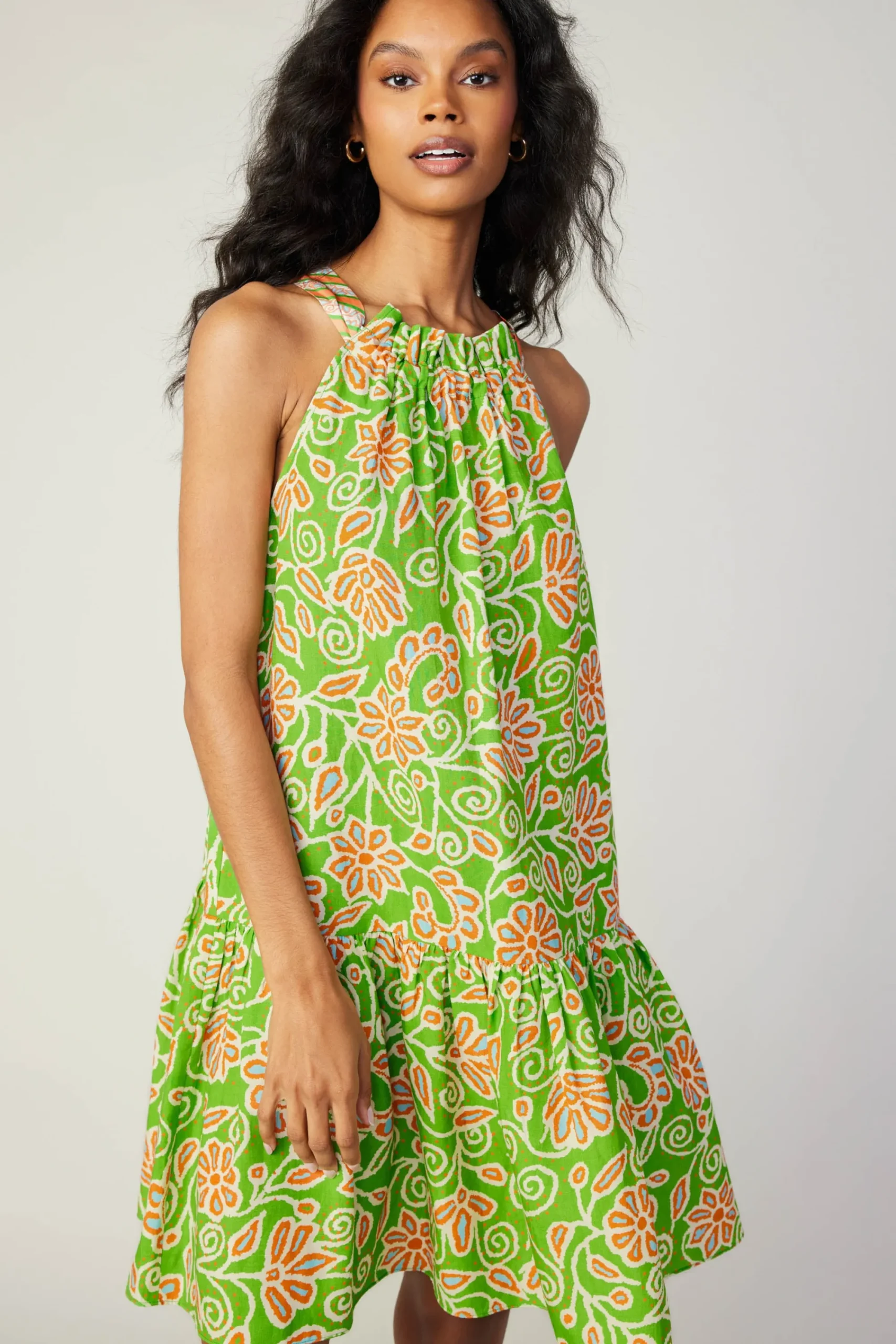 Current Air Mini Dresses-Floral Patterned Halter Mini Dress GREENORANGEMLT