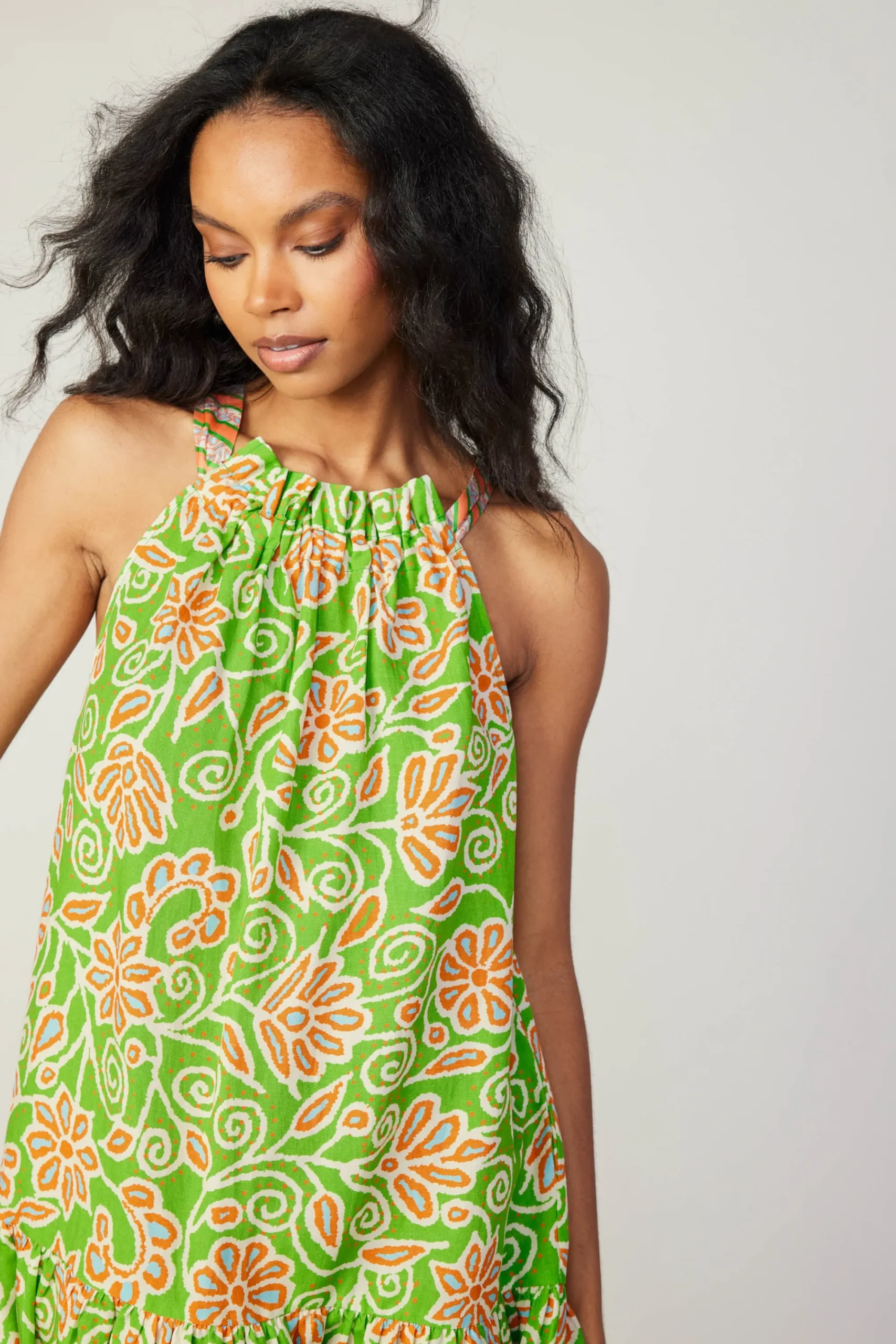 Current Air Mini Dresses-Floral Patterned Halter Mini Dress GREENORANGEMLT