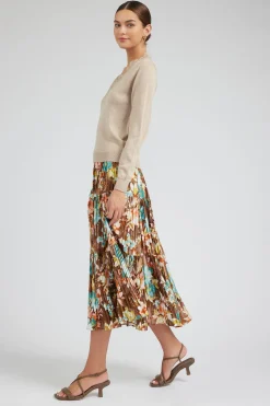 Current Air Skirts-Floral Pleated Midi Skirt BROWNMLT