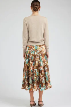 Current Air Skirts-Floral Pleated Midi Skirt BROWNMLT