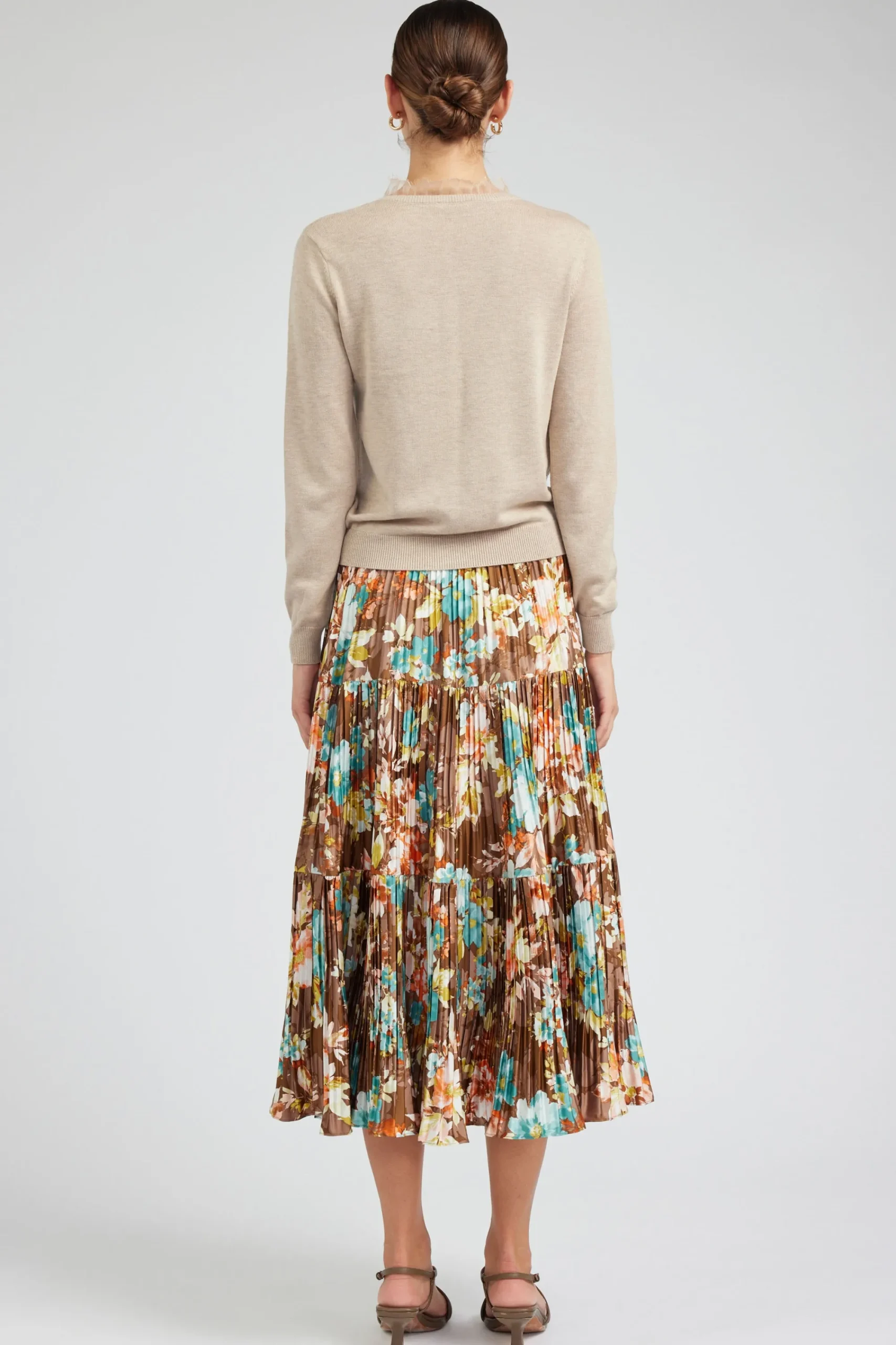 Current Air Skirts-Floral Pleated Midi Skirt BROWNMLT