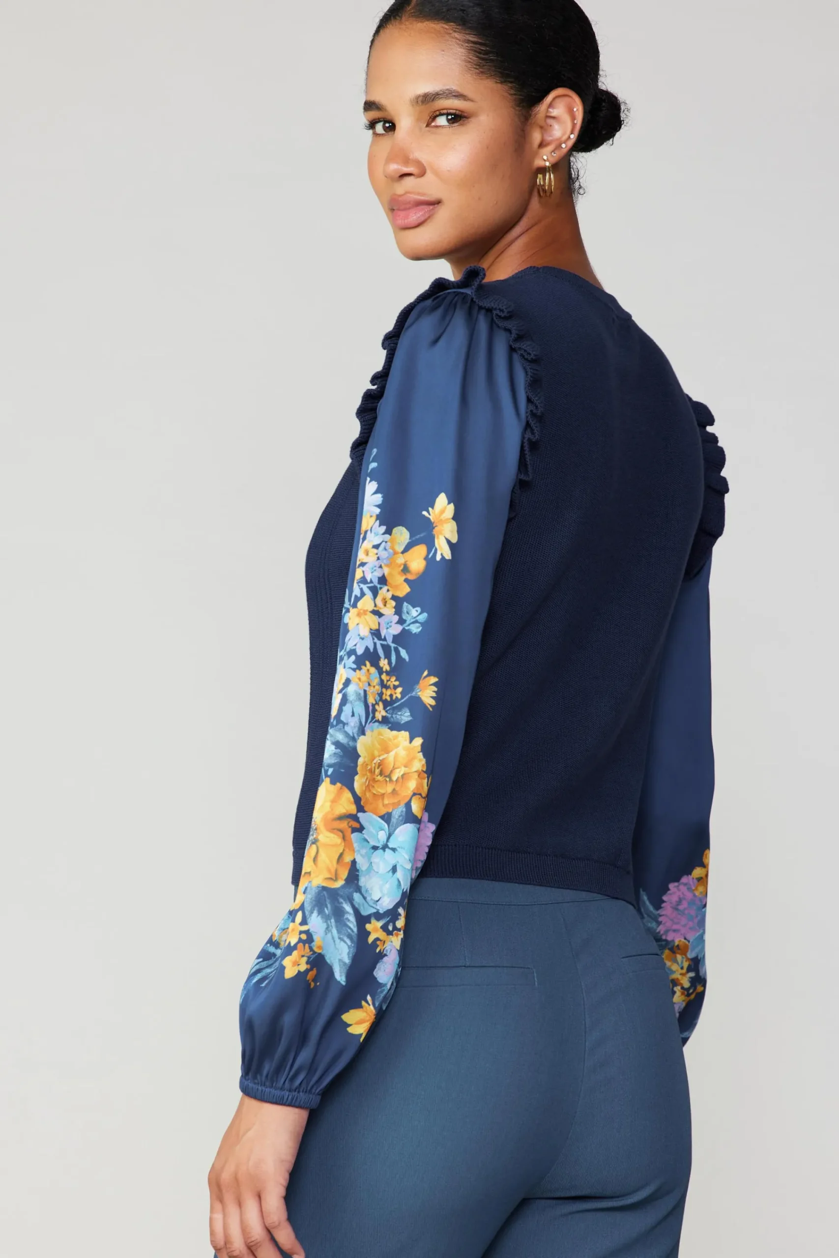 Current Air Sweaters-Floral Print Contrast Sweater Top NAVY