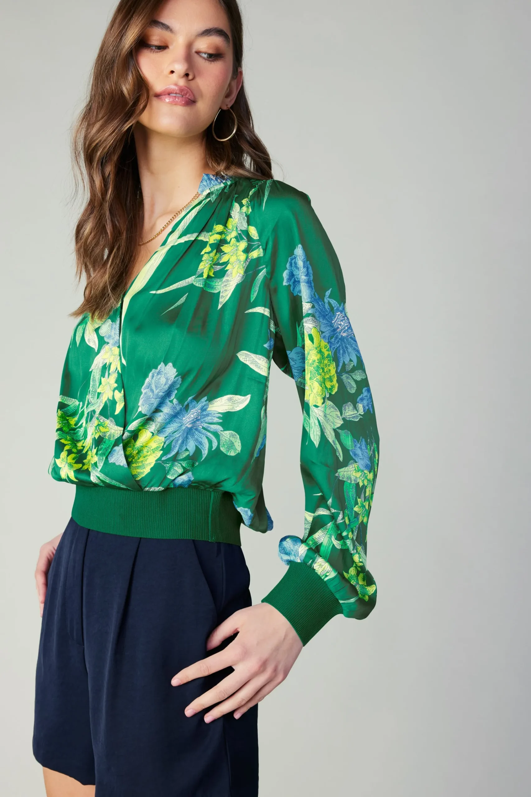 Current Air Long Sleeve Tops-Floral Print Surplice Blouse GREENFLORAL
