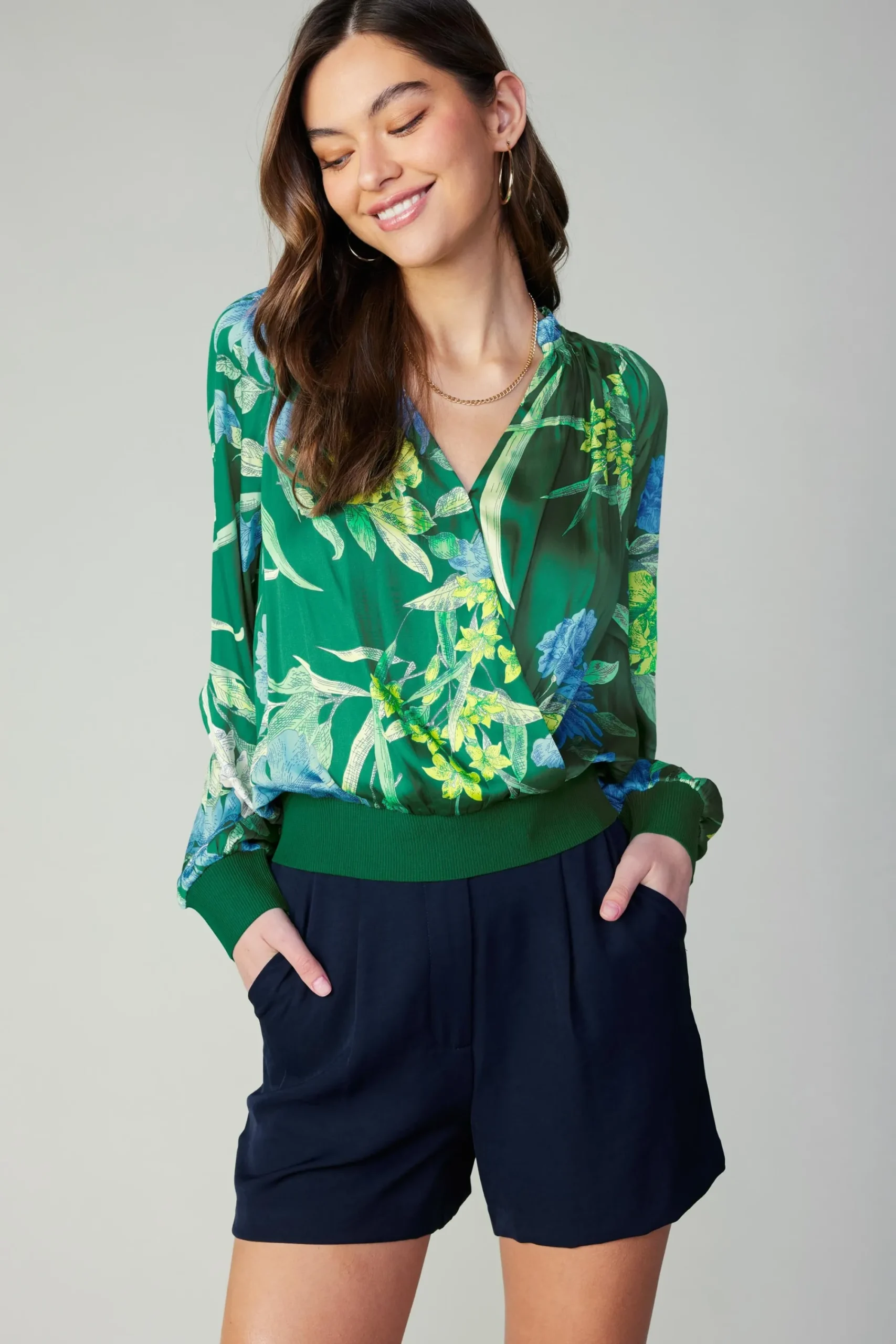 Current Air Long Sleeve Tops-Floral Print Surplice Blouse GREENFLORAL