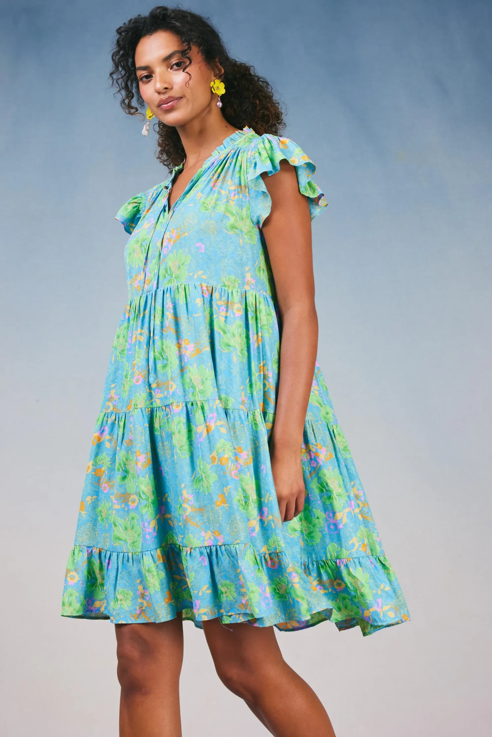 Current Air Mini Dresses-Floral Print Tiered Mini Dress BLUEMLT