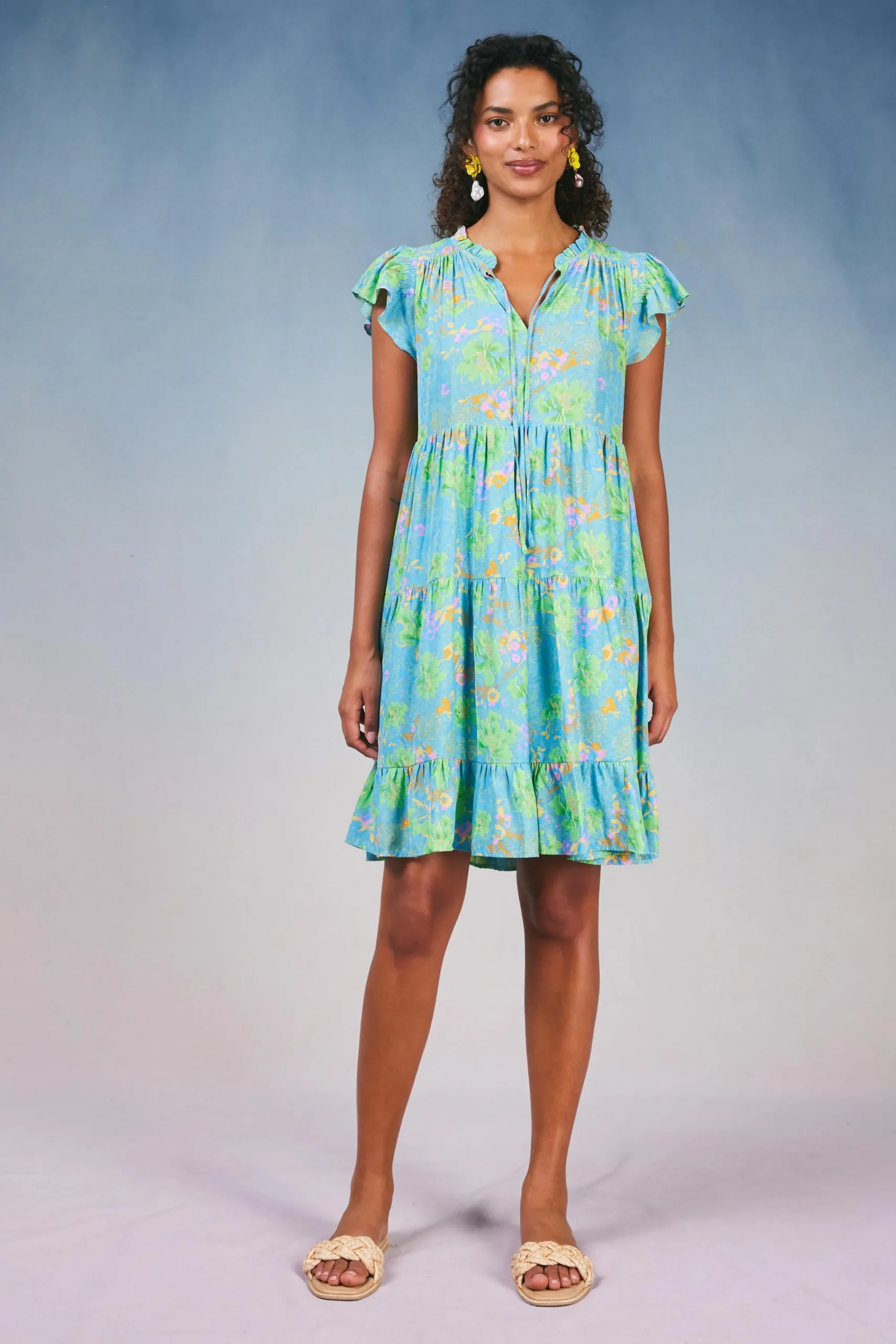 Current Air Mini Dresses-Floral Print Tiered Mini Dress BLUEMLT