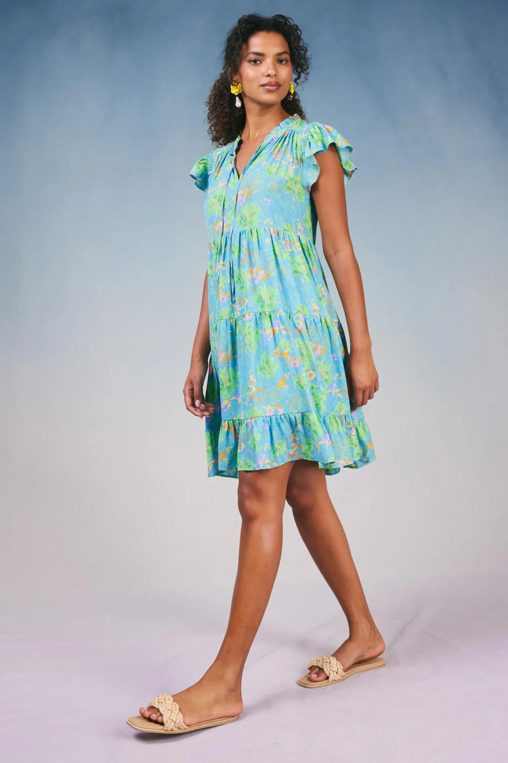 Current Air Mini Dresses-Floral Print Tiered Mini Dress BLUEMLT