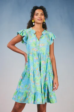 Current Air Mini Dresses-Floral Print Tiered Mini Dress BLUEMLT