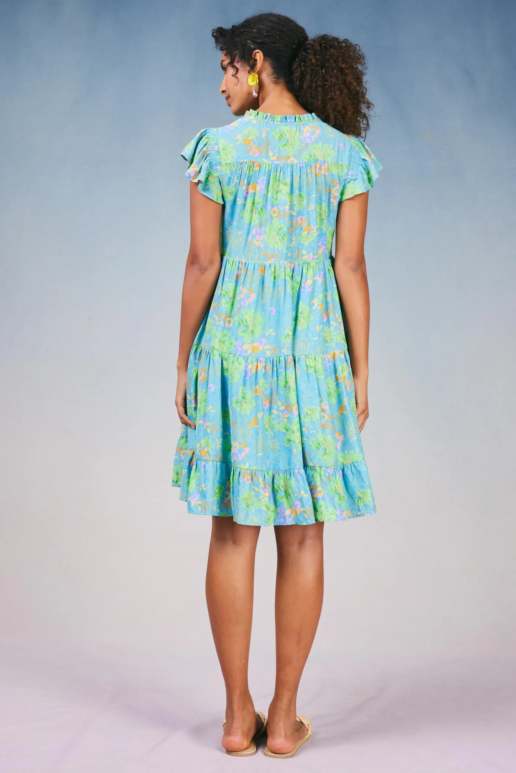 Current Air Mini Dresses-Floral Print Tiered Mini Dress BLUEMLT