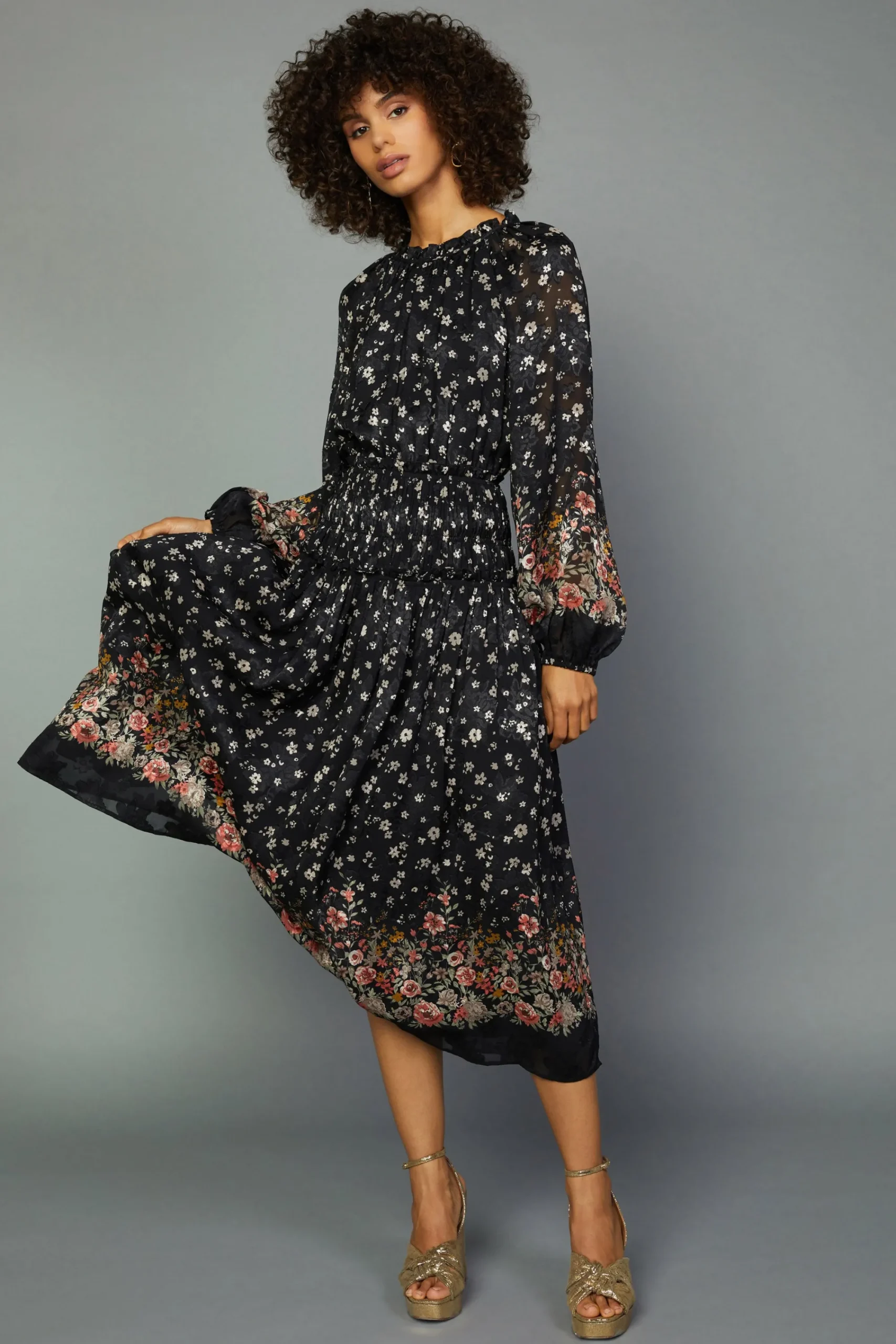 Current Air Midi Dresses-Floral Smocked Midi Dress BLACKFLORAL