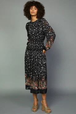 Current Air Midi Dresses-Floral Smocked Midi Dress BLACKFLORAL