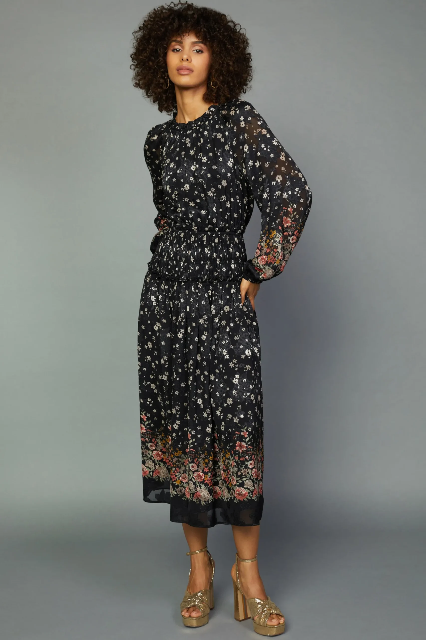Current Air Midi Dresses-Floral Smocked Midi Dress BLACKFLORAL