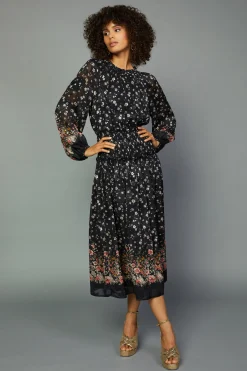 Current Air Midi Dresses-Floral Smocked Midi Dress BLACKFLORAL