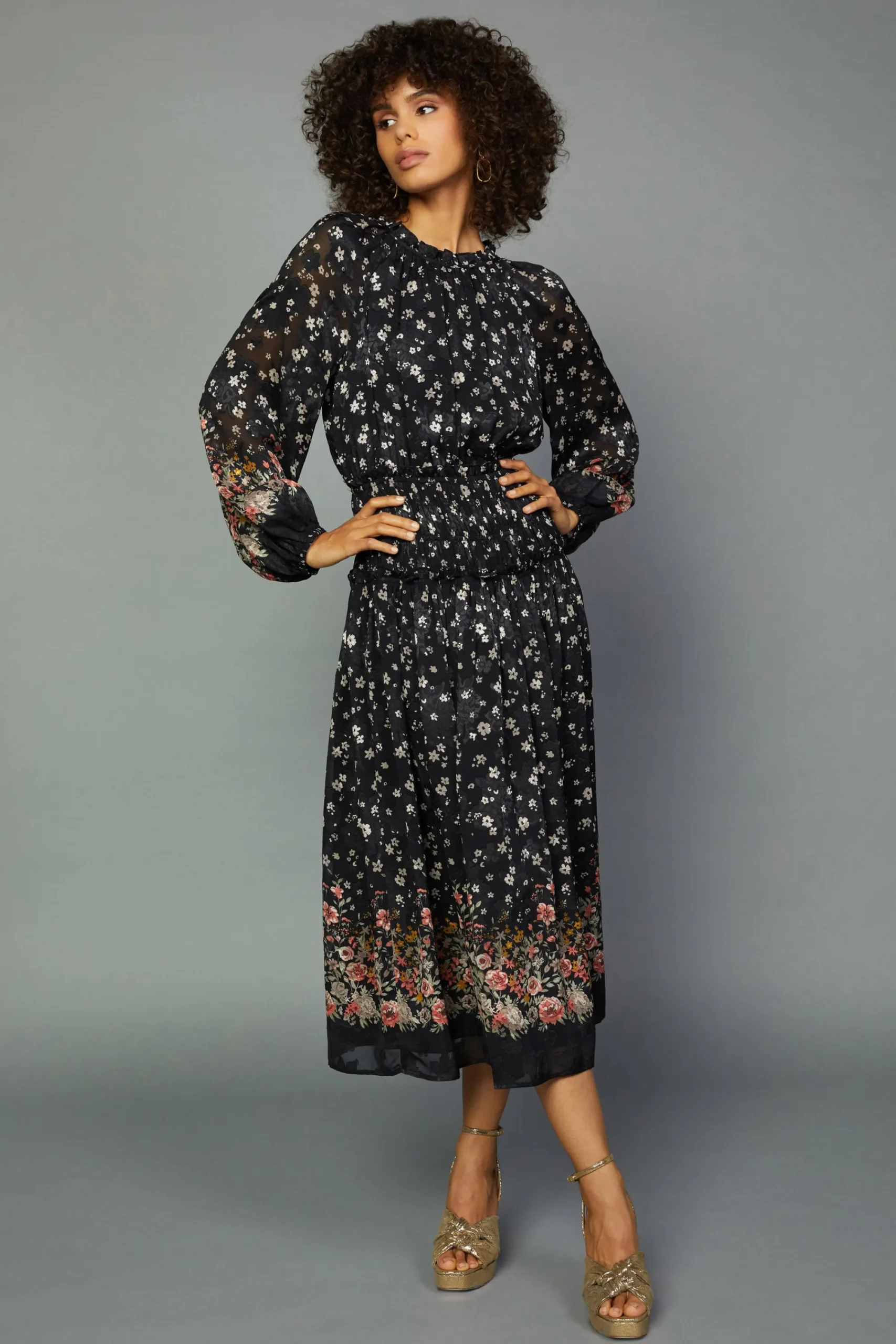 Current Air Midi Dresses-Floral Smocked Midi Dress BLACKFLORAL