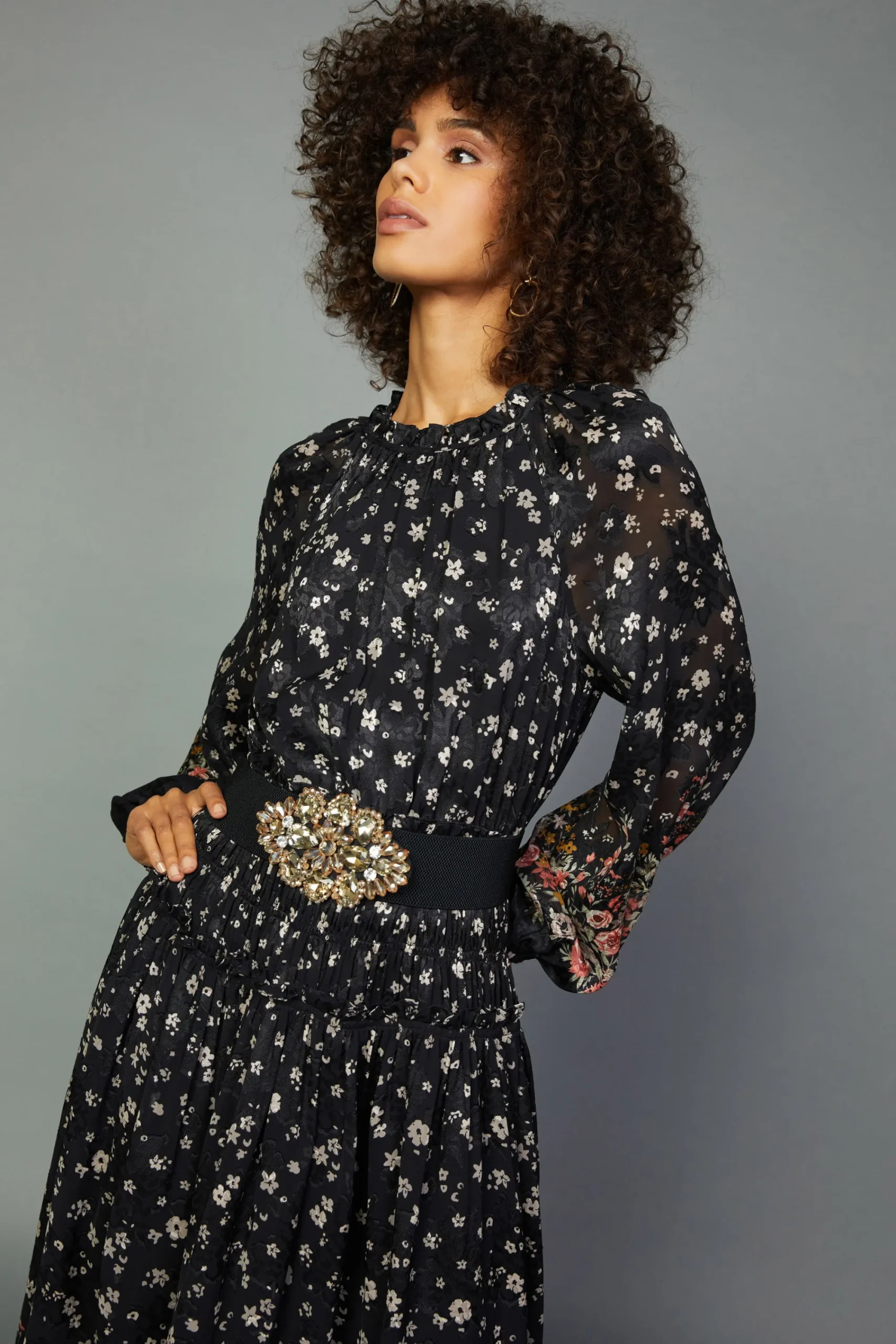 Current Air Midi Dresses-Floral Smocked Midi Dress BLACKFLORAL