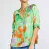Current Air Short Sleeve Tops-Floral Split Neck Blouse FLORALGREEN