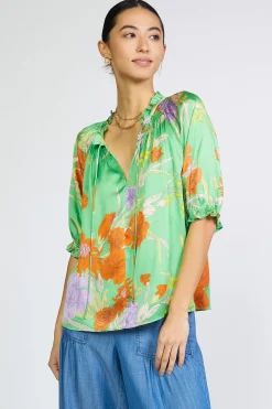 Current Air Short Sleeve Tops-Floral Split Neck Blouse FLORALGREEN
