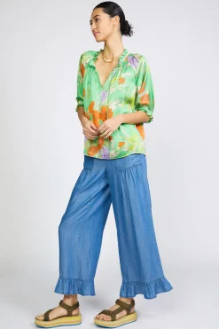 Current Air Short Sleeve Tops-Floral Split Neck Blouse FLORALGREEN