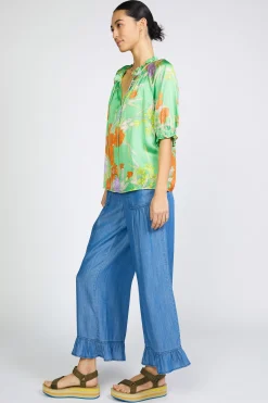 Current Air Short Sleeve Tops-Floral Split Neck Blouse FLORALGREEN