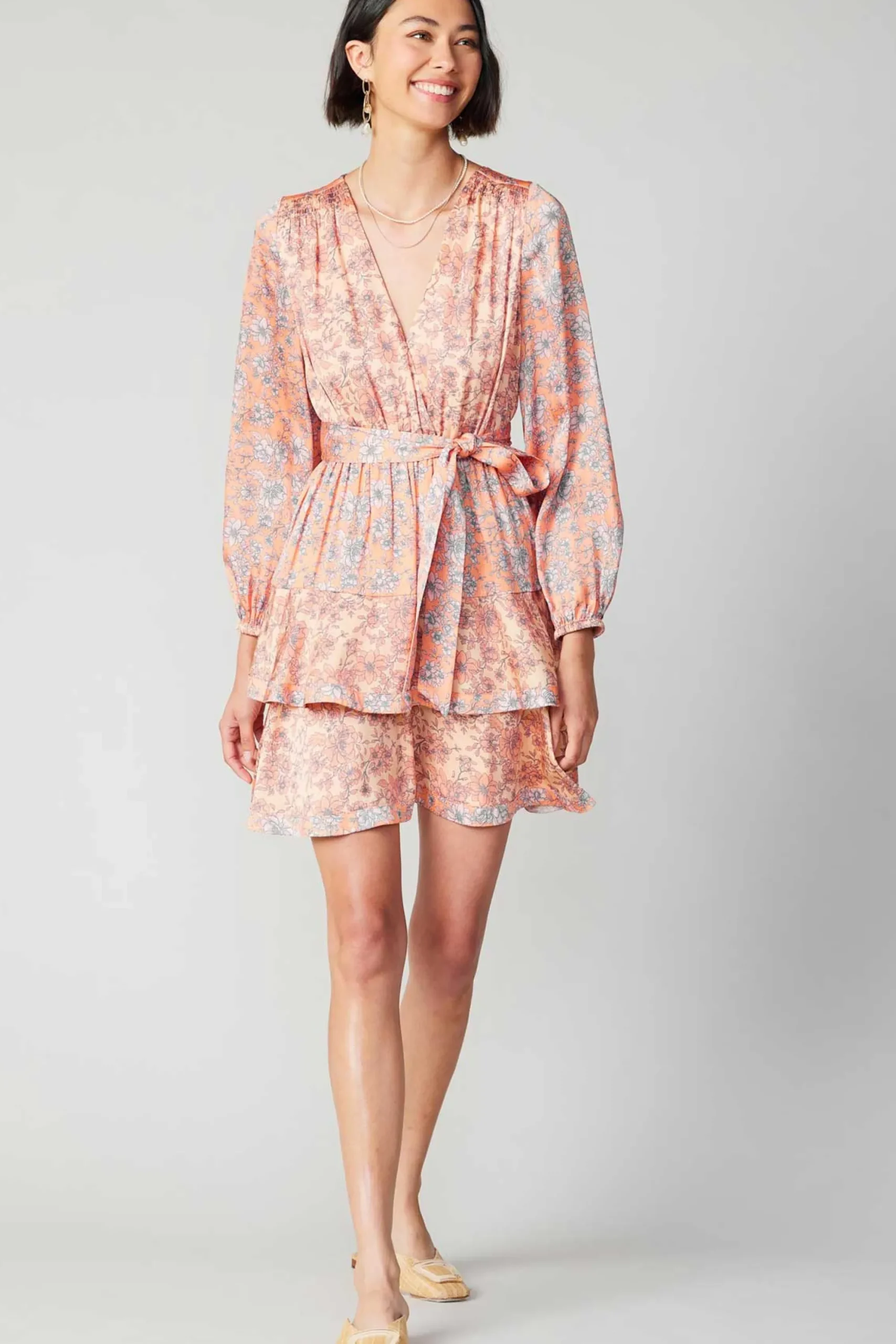Current Air Mini Dresses-Floral Surplice Mini Dress CORAL